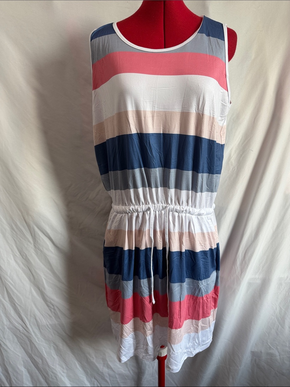 Sleeveless Striped Mini Dress in Coral, Navy & White